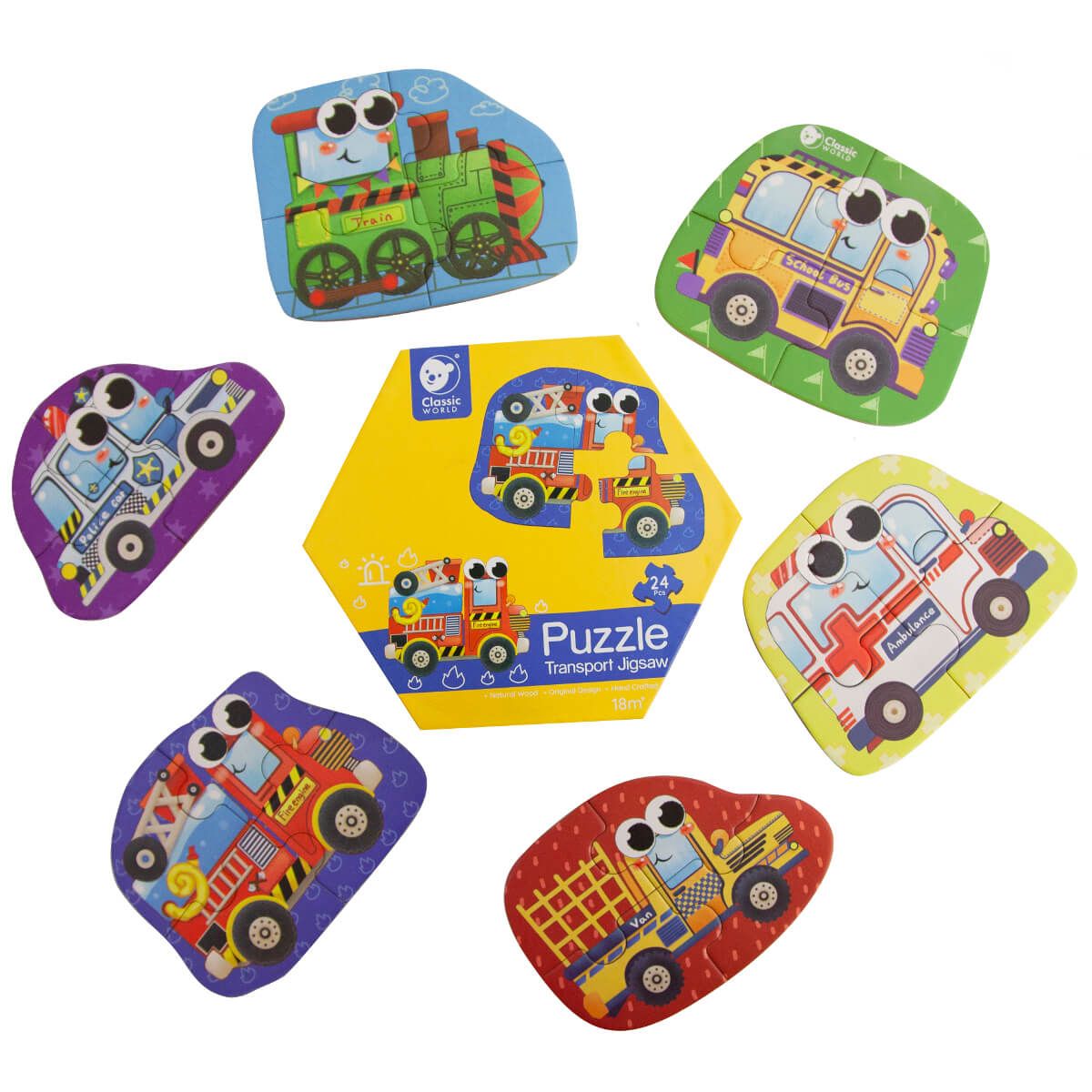 Vista superior das 6 peças de puzzle Classic World representando comboio, autocarro, ambulância, camião, camião de bombeiros e carro, dispostas em círculo à volta da caixa do puzzle.
