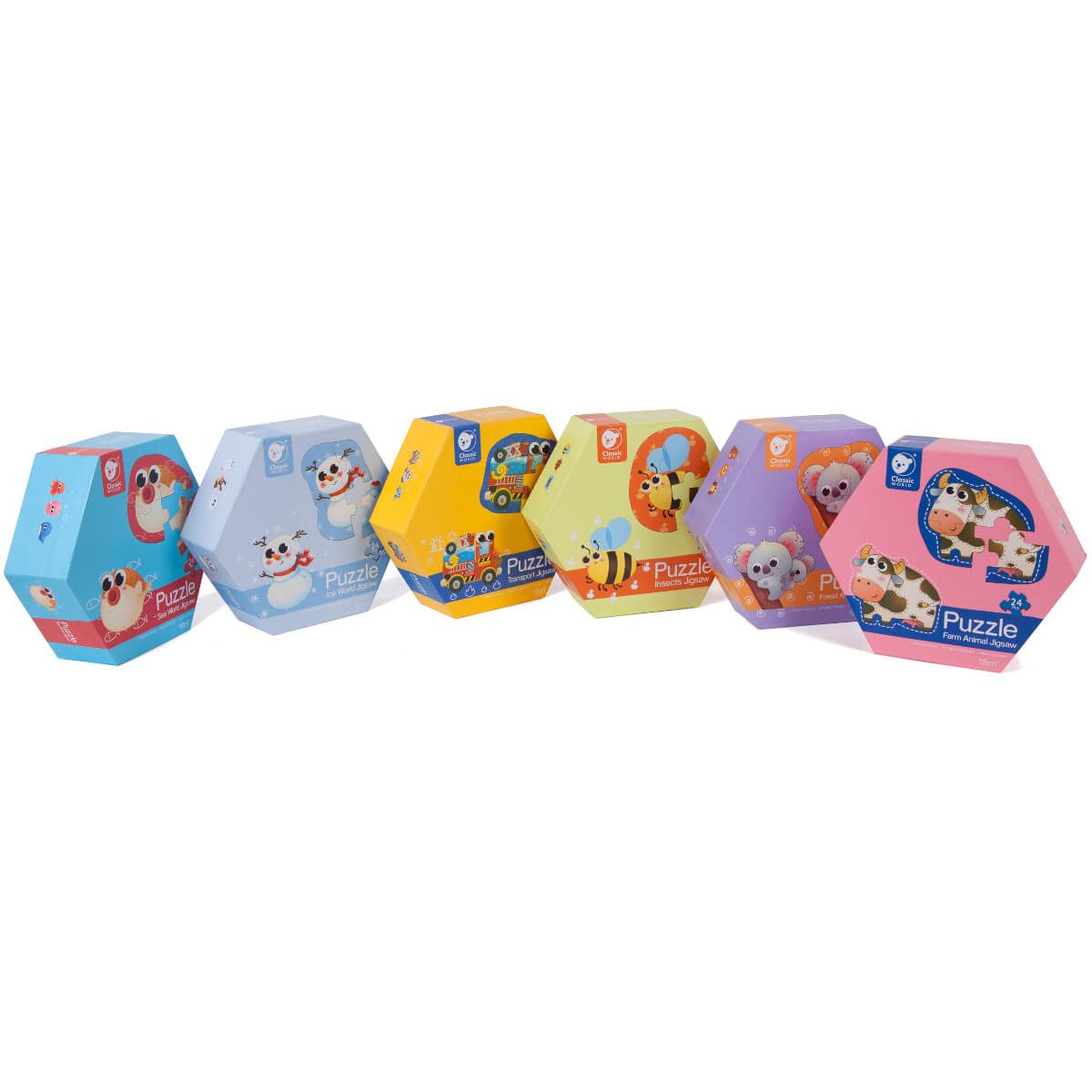 Várias caixas de puzzles Classic World lado a lado, mostrando diferentes temas como animais, inverno e meios de transporte.