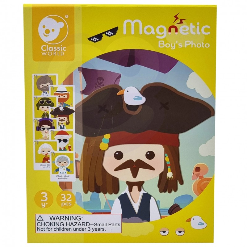 Caixa amarela da Classic World Caixa Magnética Menino, mostrando um personagem pirata criado com as peças magnéticas.