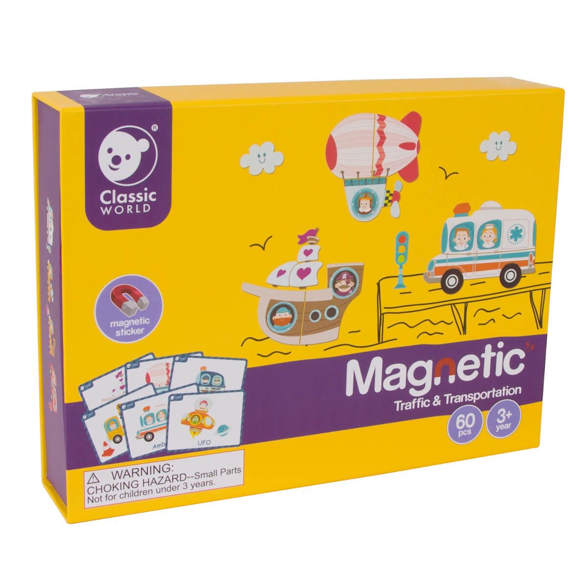 Caixa amarela e roxa da Classic World Magnetic Traffic & Transportation, mostrando desenhos de transportes e o logo da marca.