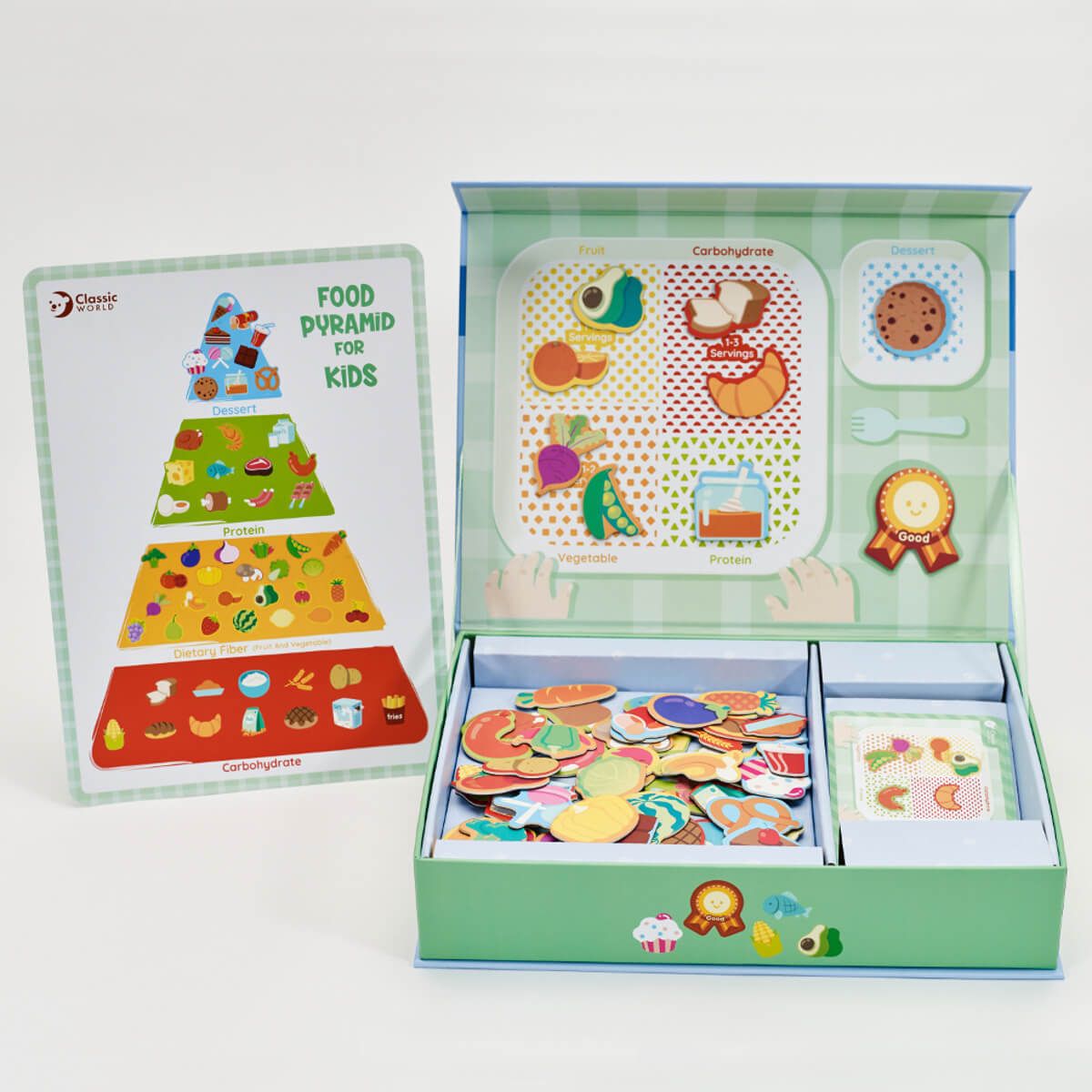 Jogo educativo Classic World Alimentação Saudável aberto, mostrando peças magnéticas e guia da pirâmide alimentar.