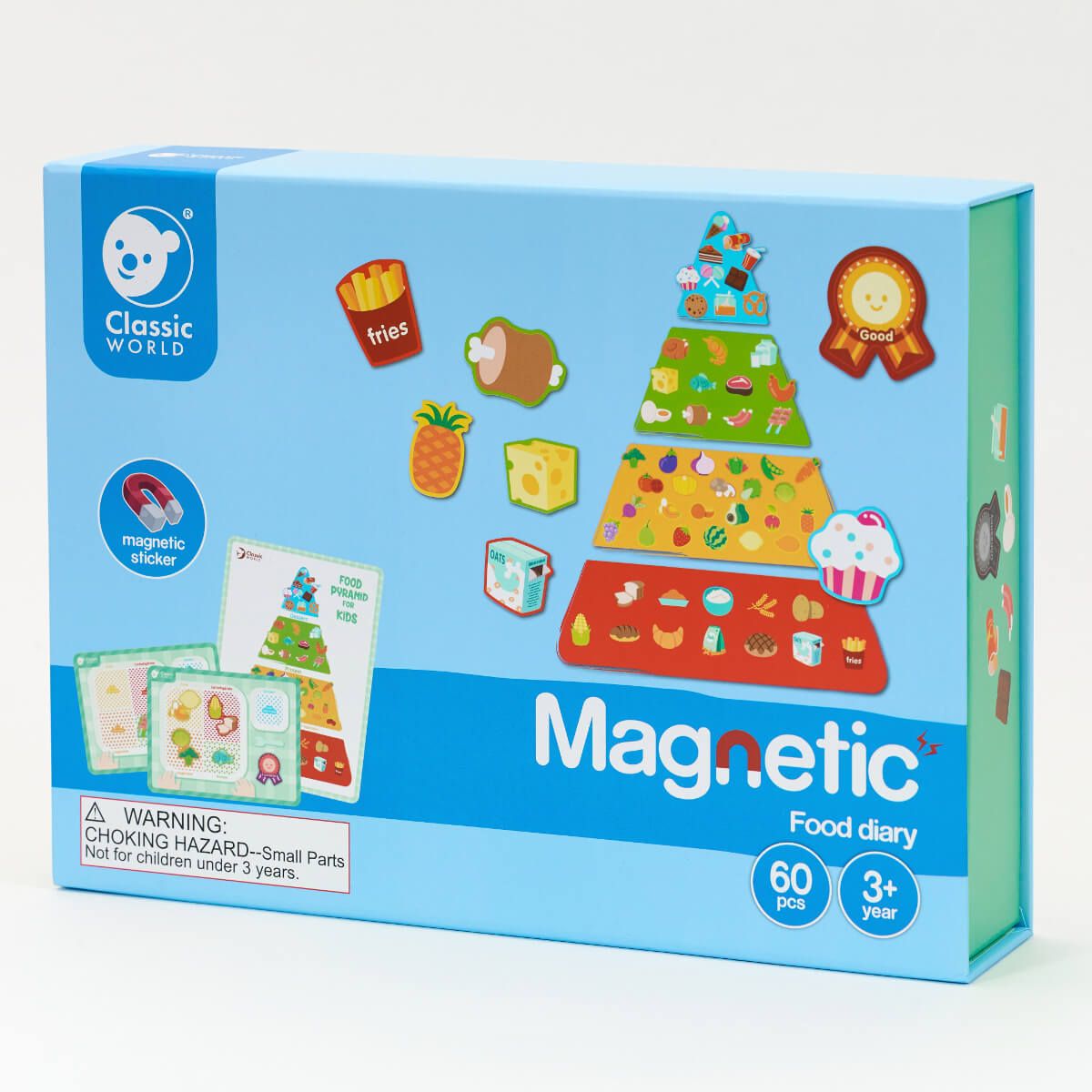 Caixa do jogo educativo Classic World Alimentação Saudável, com 60 peças magnéticas para aprender sobre nutrição.