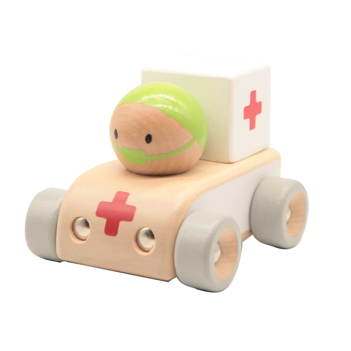 Carrinho de madeira Classic World com design de ambulância, incluindo uma cruz vermelha e um piloto com máscara verde.