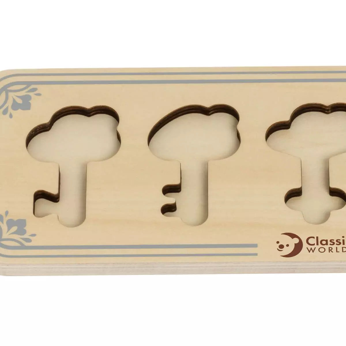 Detalhe da base de madeira do jogo Classic World Chaves do Castelo, mostrando os encaixes das chaves.