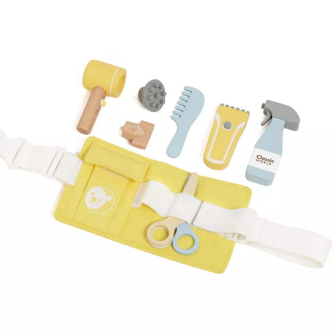 Conjunto de cabeleireiro infantil Classic World com cinto amarelo e ferramentas de madeira: secador, pente, tesoura, navalha e spray.