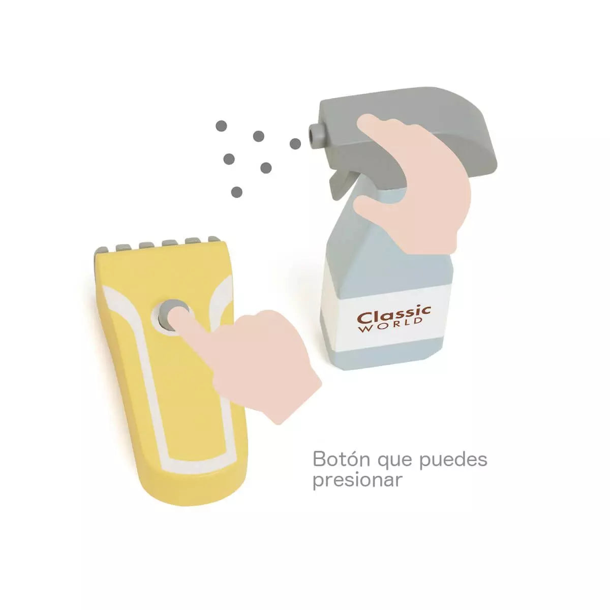 Detalhe da navalha e do spray de cabelo de madeira do conjunto Classic World, com design realista e botões simulados.