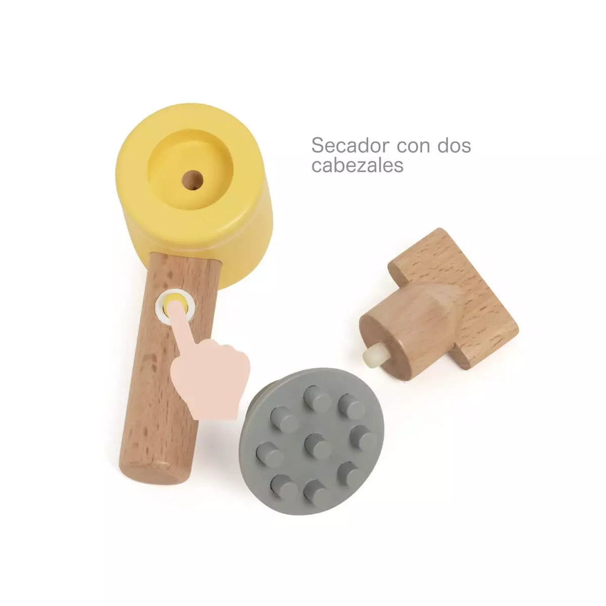 Detalhe do secador de cabelo de madeira do conjunto Classic World, mostrando os acessórios intercambiáveis.