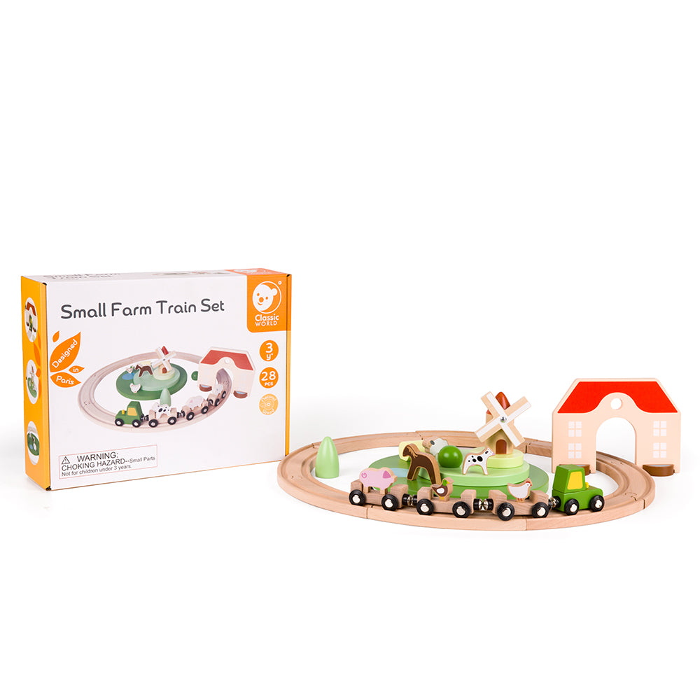 Classic World Conjunto de Comboio com Pista na embalagem, com a linha férrea montada e os animais da quinta em destaque.