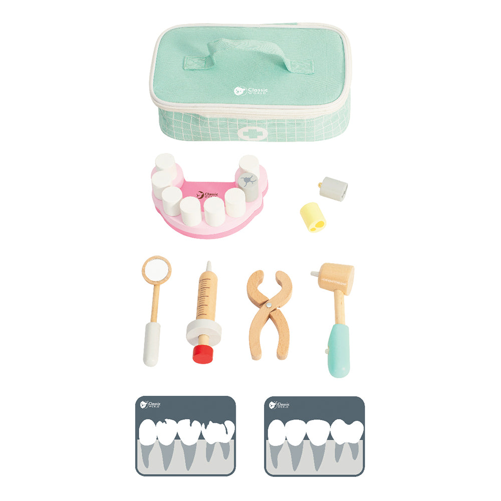 Visão geral do Classic World Conjunto de Dentista, mostrando a mala de transporte, ferramentas, dentes e radiografias em fundo branco.