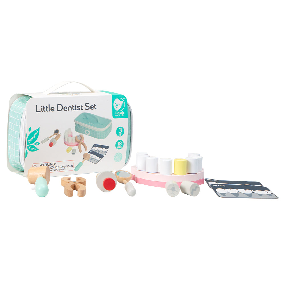 Classic World Conjunto de Dentista com mala aberta, ferramentas e dentes dispostos ao lado da embalagem.
