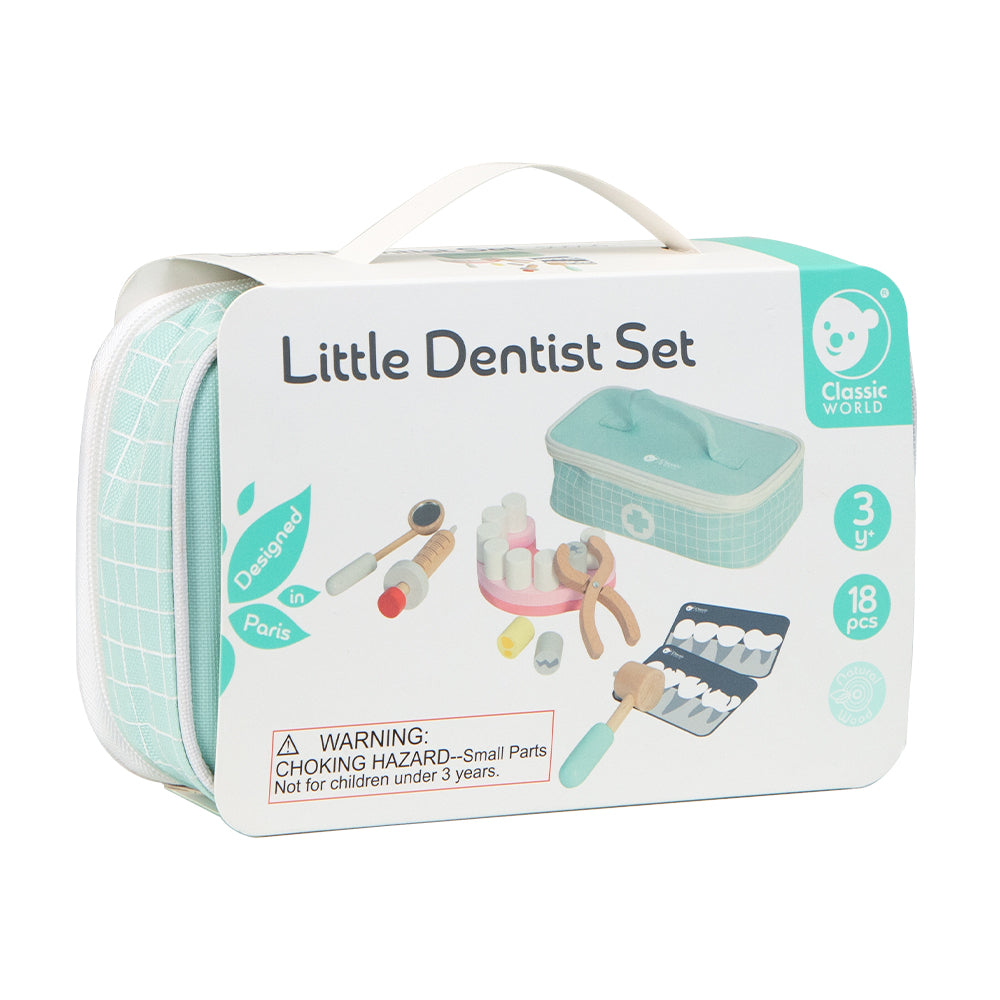 Embalagem do Classic World Conjunto de Dentista, mostrando o design e os componentes incluídos.