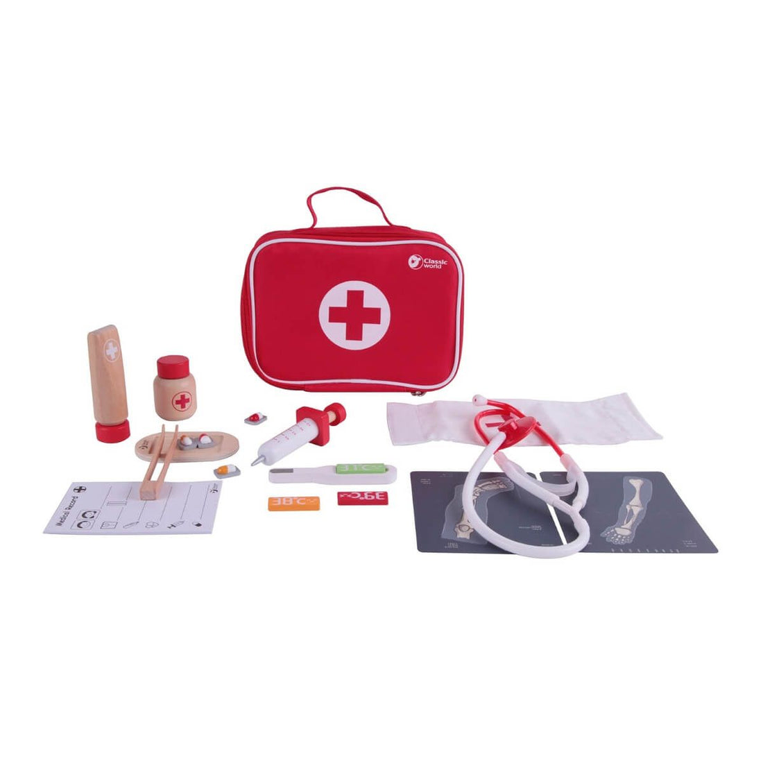 Conjunto de médico Classic World com maleta vermelha, estetoscópio, seringa, termómetro e outros acessórios de madeira.