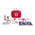 Conjunto de médico Classic World com maleta vermelha, estetoscópio, seringa, termómetro e outros acessórios de madeira.