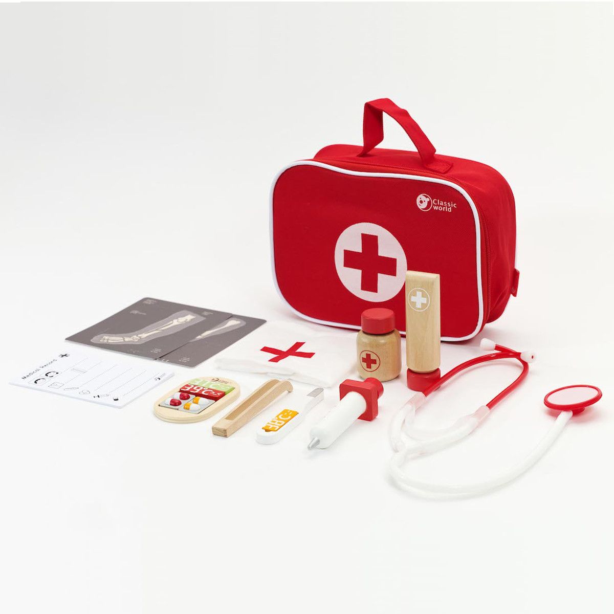 Visão geral do conjunto de médico Classic World com todos os seus componentes dispostos.