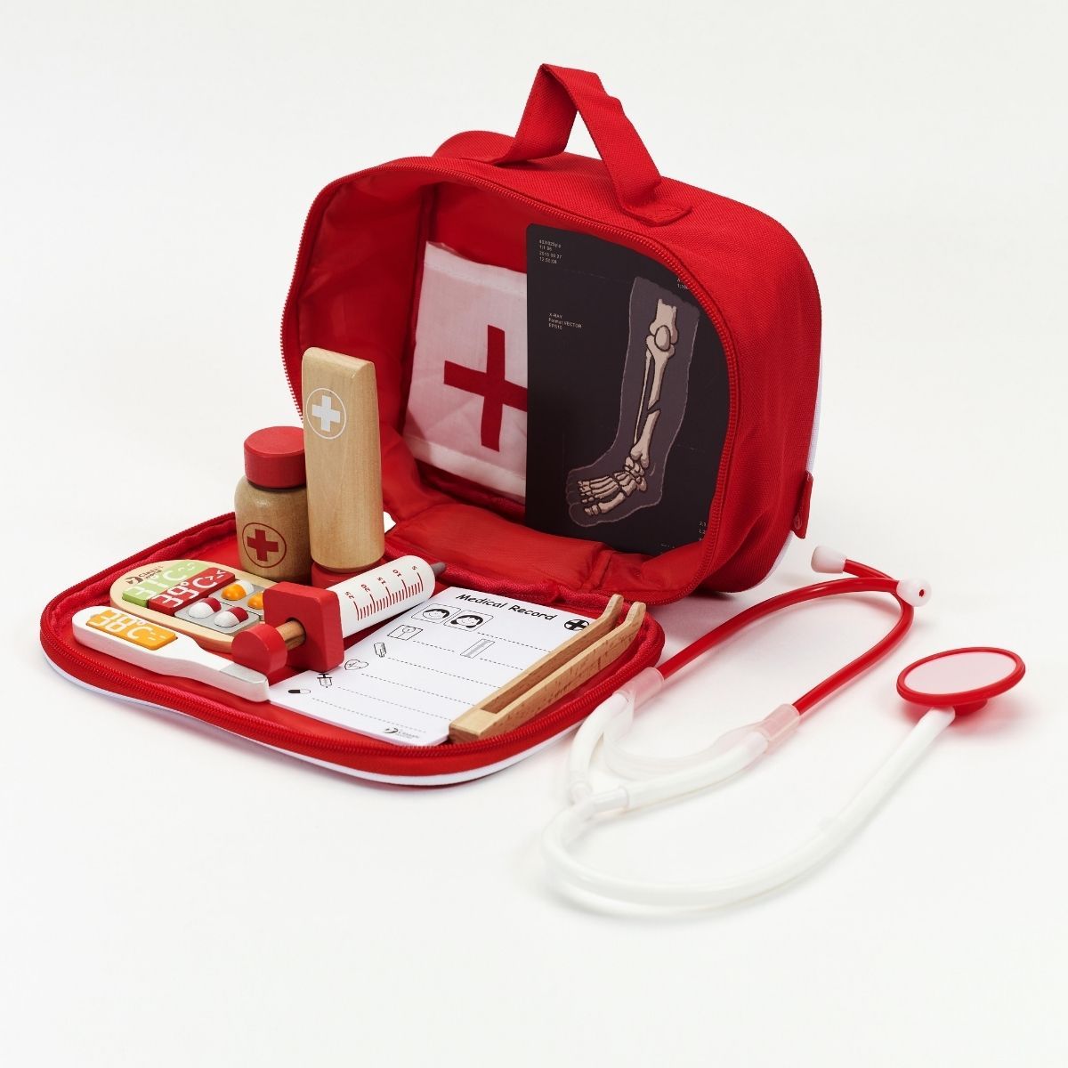 Conjunto de médico Classic World com a maleta aberta mostrando os raios-x e outros acessórios.