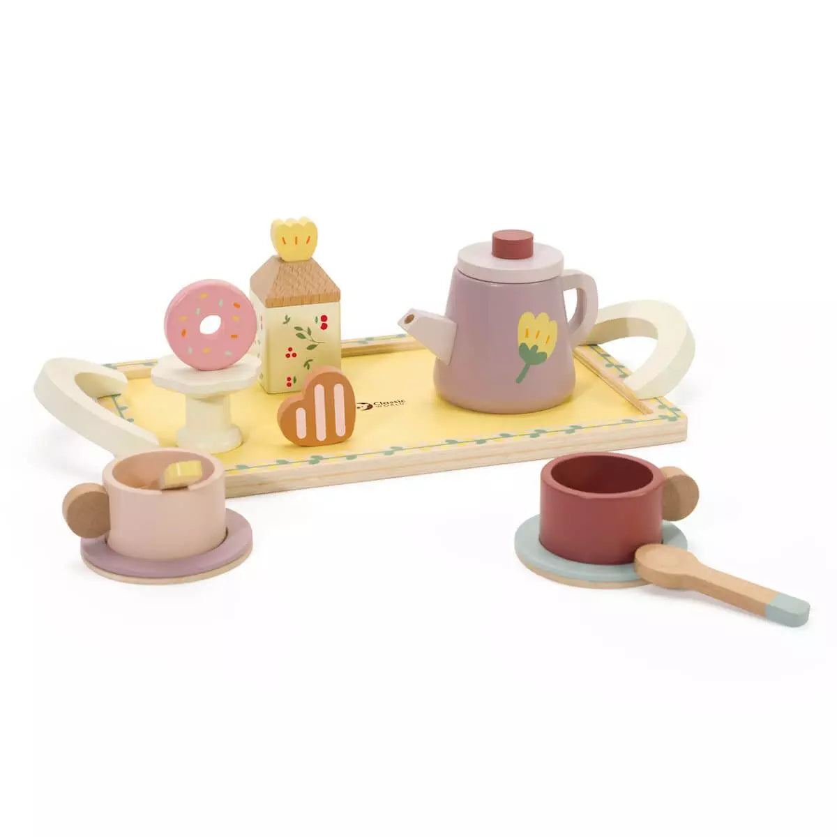Visão geral do Classic World Conjunto para chá Grace, mostrando chávenas, bule, doces e tabuleiro em tons pastel.