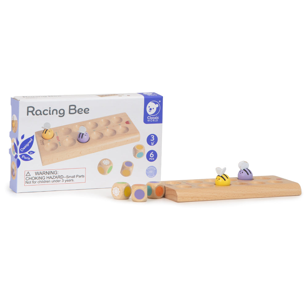 Embalagem do jogo Classic World Corrida de Abelhas, indicando a idade recomendada (3+ anos) e o número de peças (6).