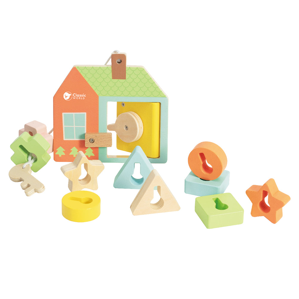 Jogo educativo Classic World Fechaduras e Formas com casinha, chaves e peças geométricas coloridas em madeira.