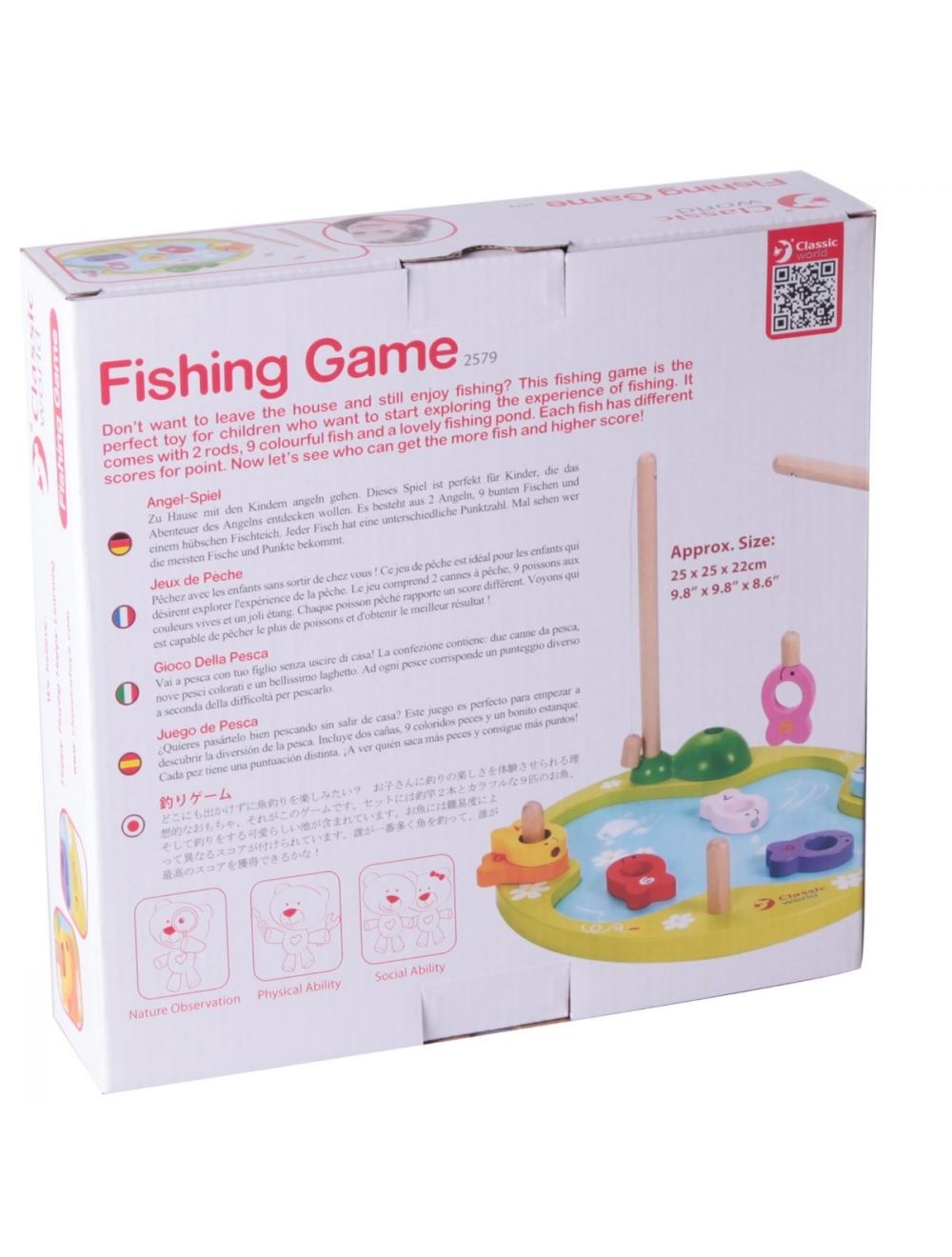 Informações detalhadas e dimensões do Classic World Jogo de Pesca na embalagem.