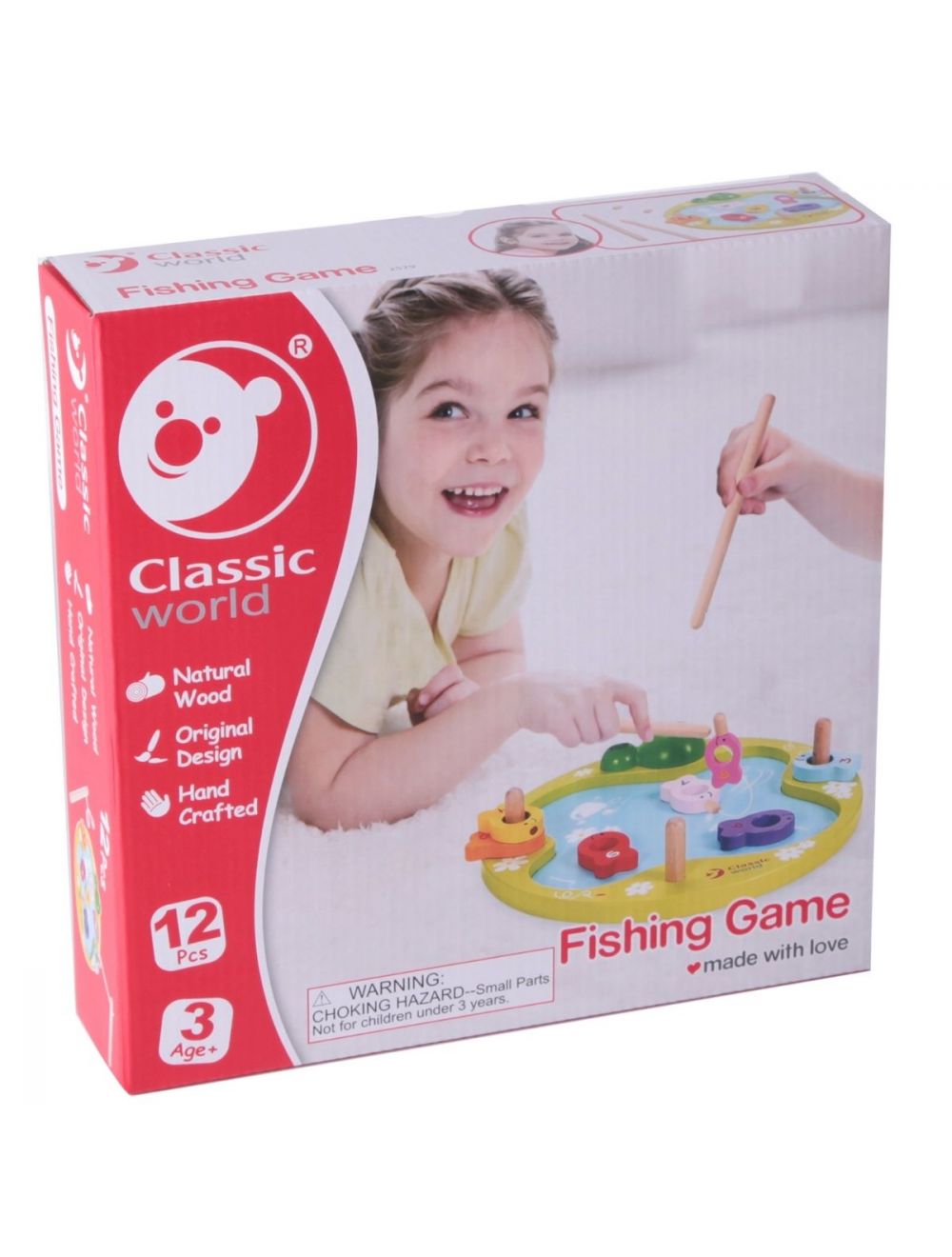 Embalagem do jogo de pesca Classic World mostrando uma criança sorrindo e a imagem do jogo.