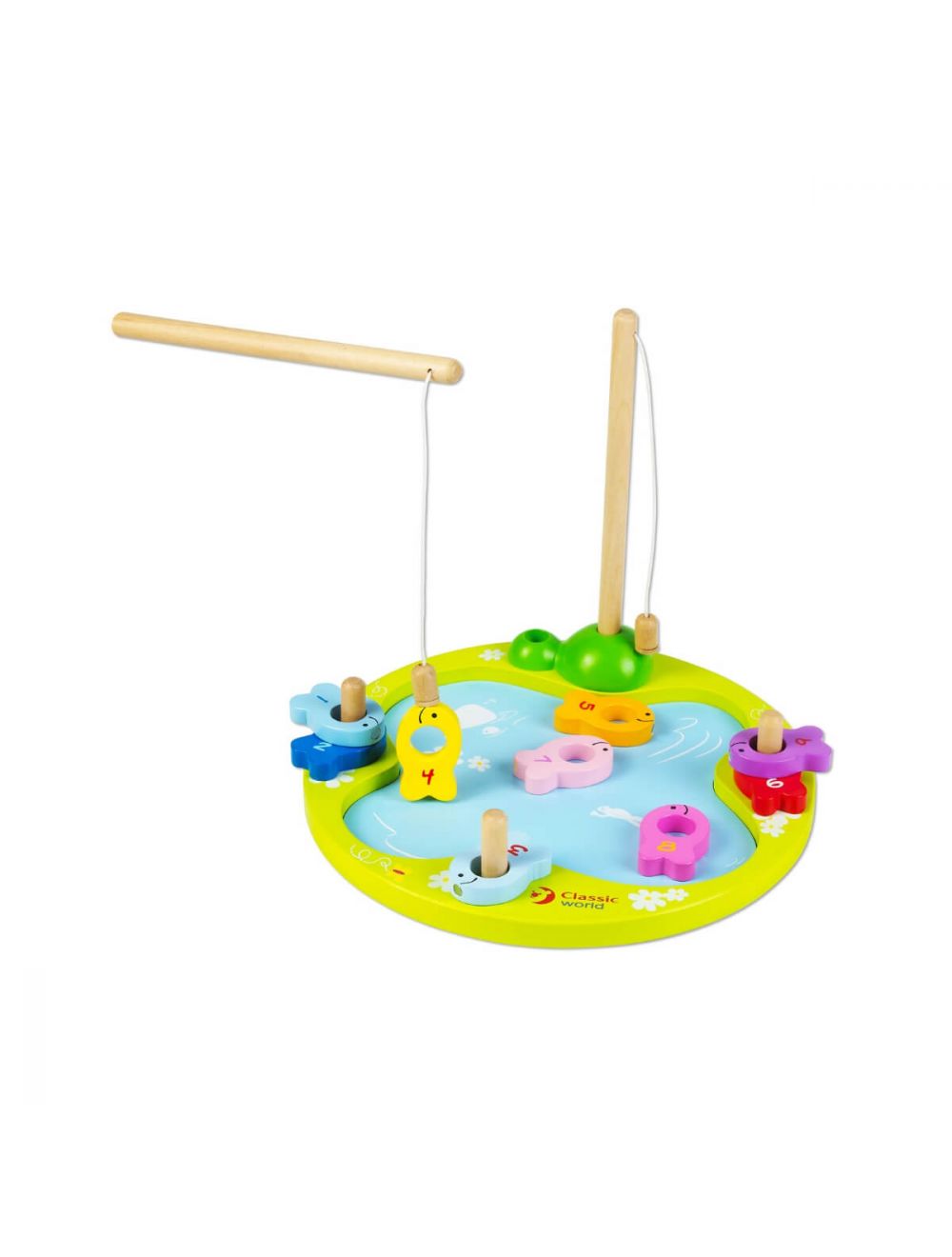 Jogo de pesca magnético Classic World com duas varas e um lago cheio de peixinhos coloridos.