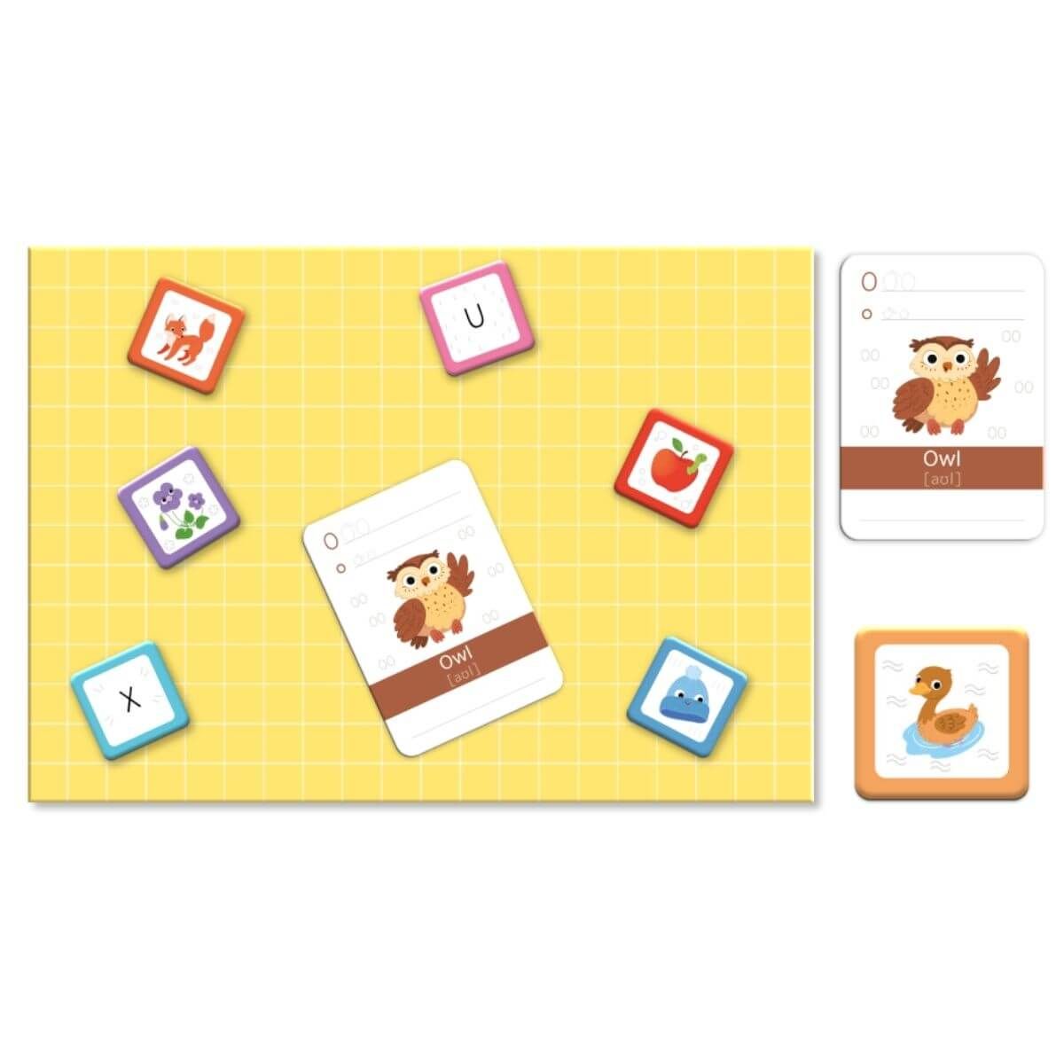Jogo Classic World Aprende a escrever em Inglês em uso, com tabuleiro magnético, letras e cartas de animais, estimulando a aprendizagem lúdica e criativa.
