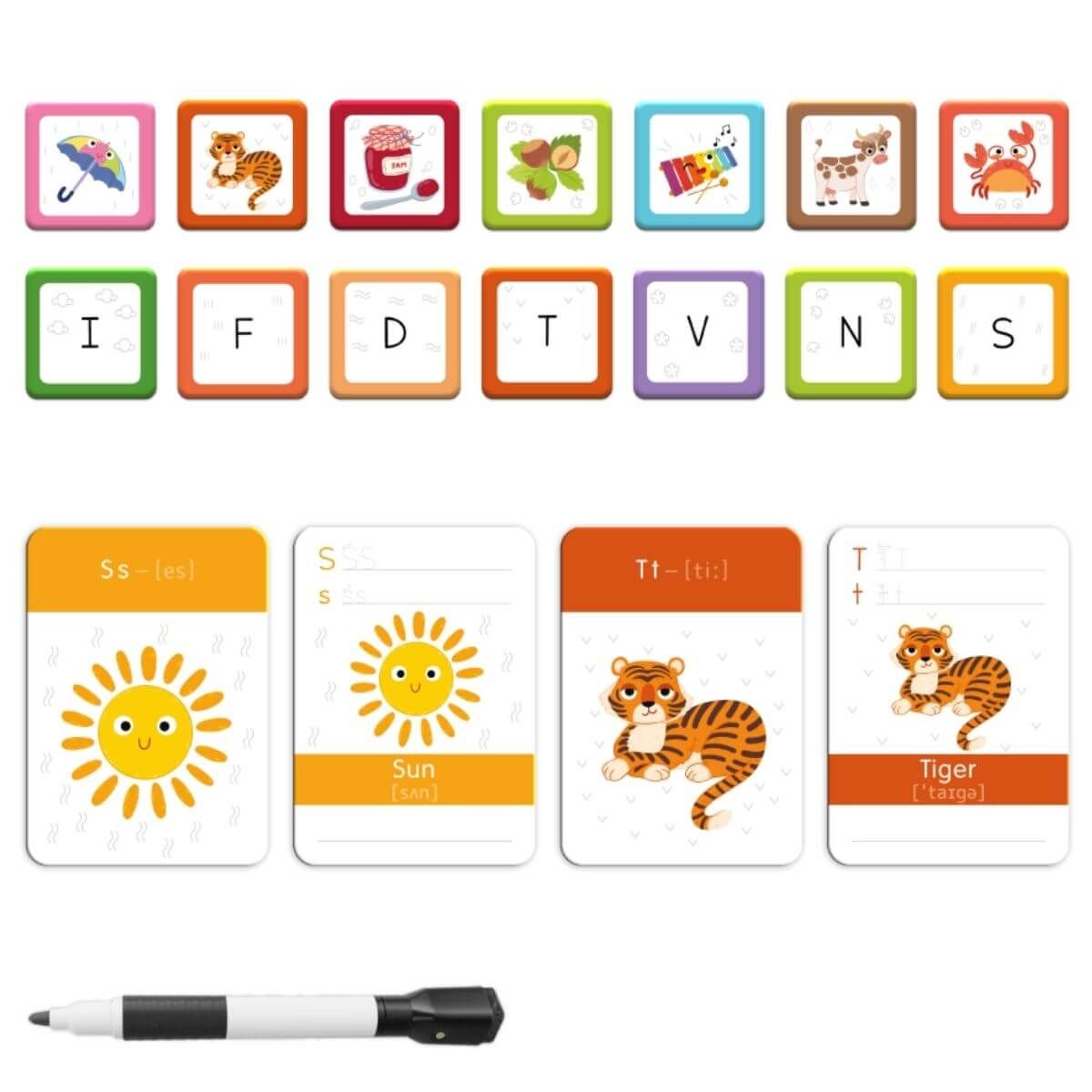 Detalhe das letras magnéticas e cartas ilustradas do jogo Classic World, incentivando a formação de palavras e o desenvolvimento do vocabulário em inglês.