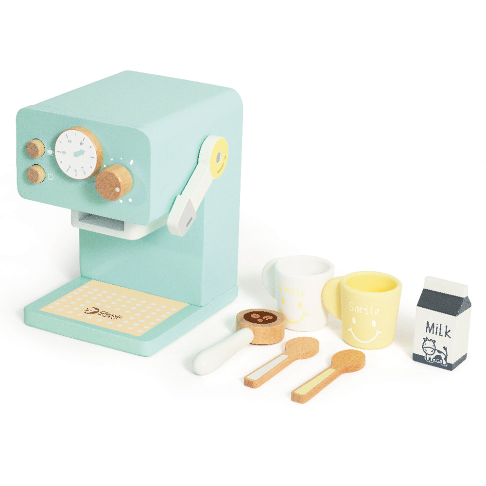 Visão geral da máquina de café Classic World e seus acessórios de madeira para brincadeira infantil.