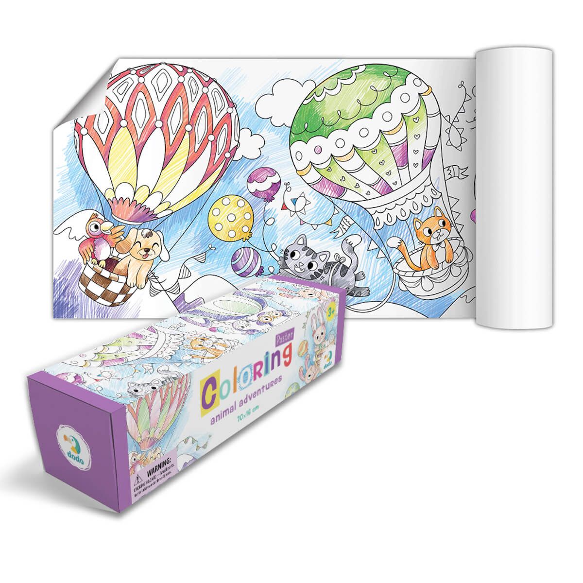 Classic World Poster para Colorir "Animal Adventures" com a embalagem, mostrando o poster desenrolado e pronto para colorir.