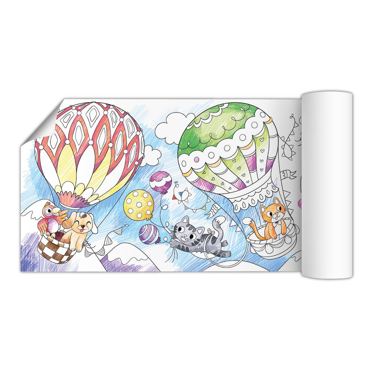 Detalhe do Classic World Poster para Colorir, com ilustrações de animais a voar em balões, prontas para serem coloridas.