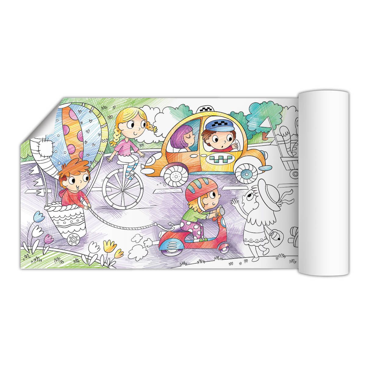 Criança (mãos visíveis) a colorir ativamente o poster gigante, demonstrando o uso e a dimensão da atividade.
