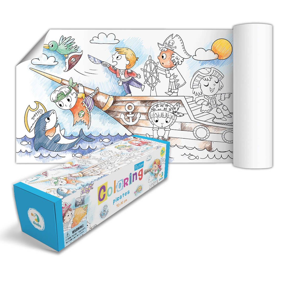Classic World Poster para Colorir "Pirates" com a embalagem, mostrando o poster desenrolado e pronto para colorir.