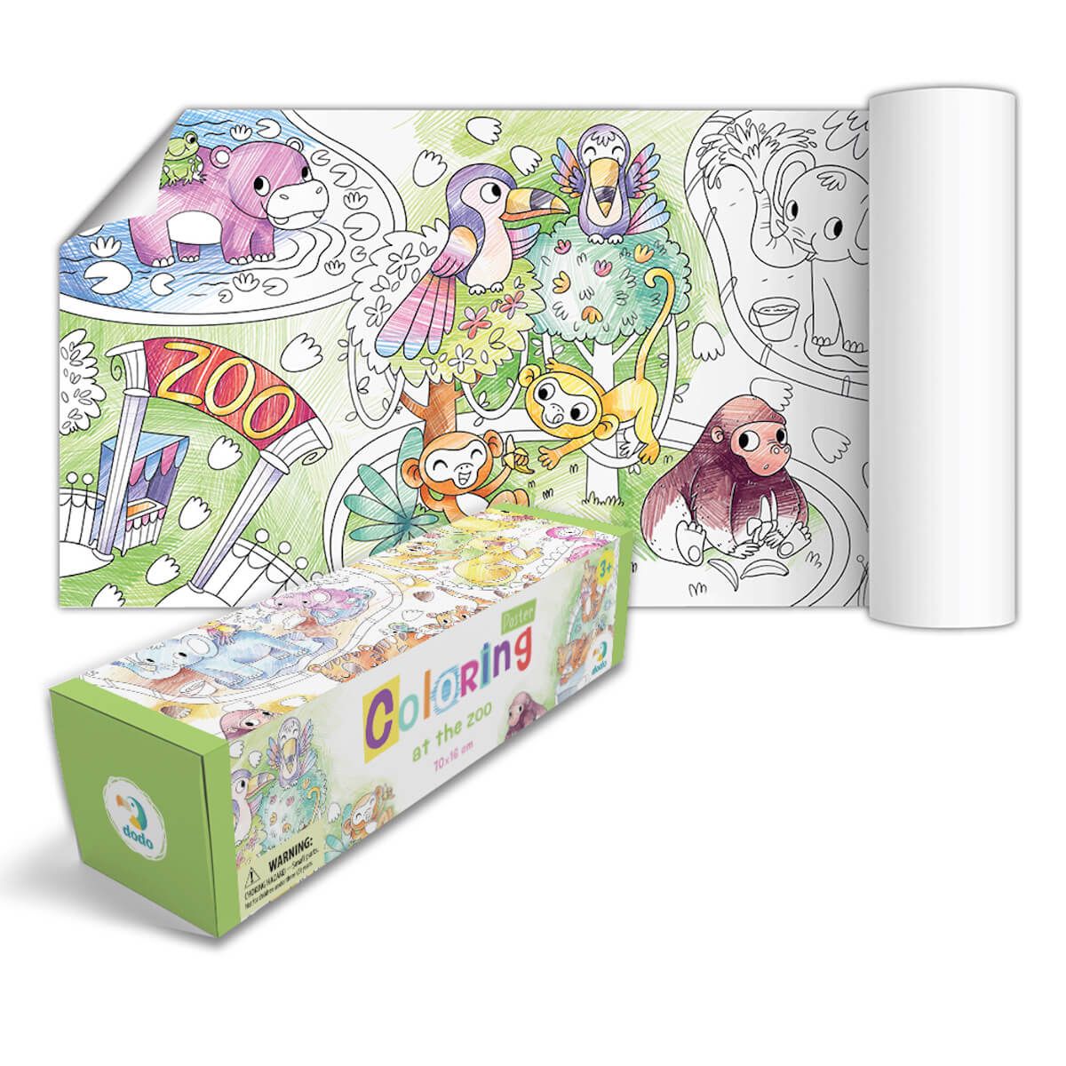 Rolo desenrolado do Classic World Poster para Colorir, mostrando ilustrações de animais da selva e floresta para pintar.