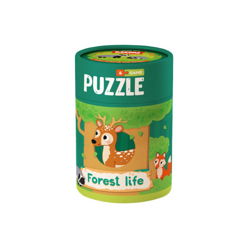 Puzzle Classic World 2 em 1 "A vida na Floresta" embalado num tubo verde com ilustração de um veado e raposa.