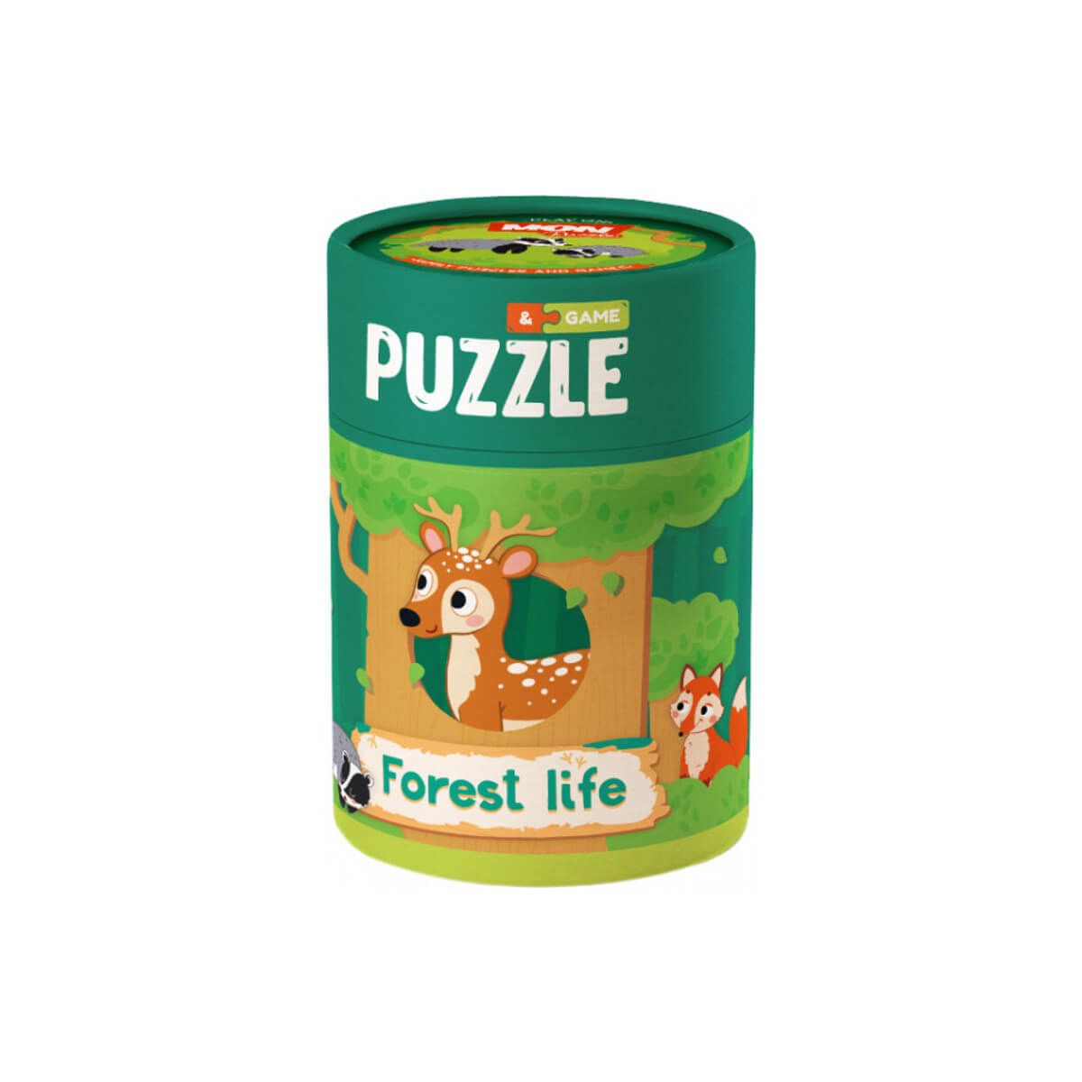 Puzzle Classic World 2 em 1 "A vida na Floresta" embalado num tubo verde com ilustração de um veado e raposa.