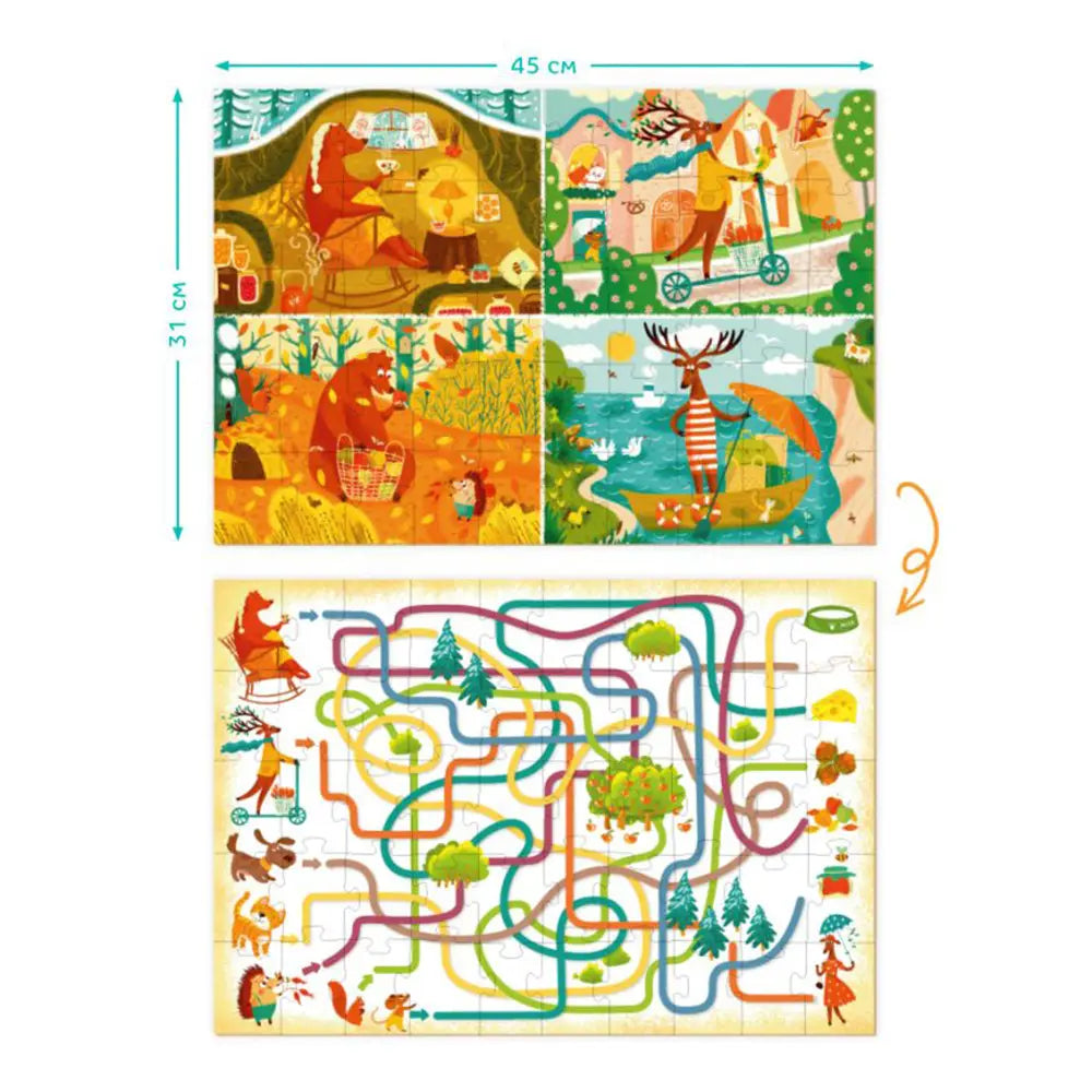 Detalhe das 50 peças do puzzle Classic World, destacando a qualidade do cartão rígido e as ilustrações vibrantes dos animais.