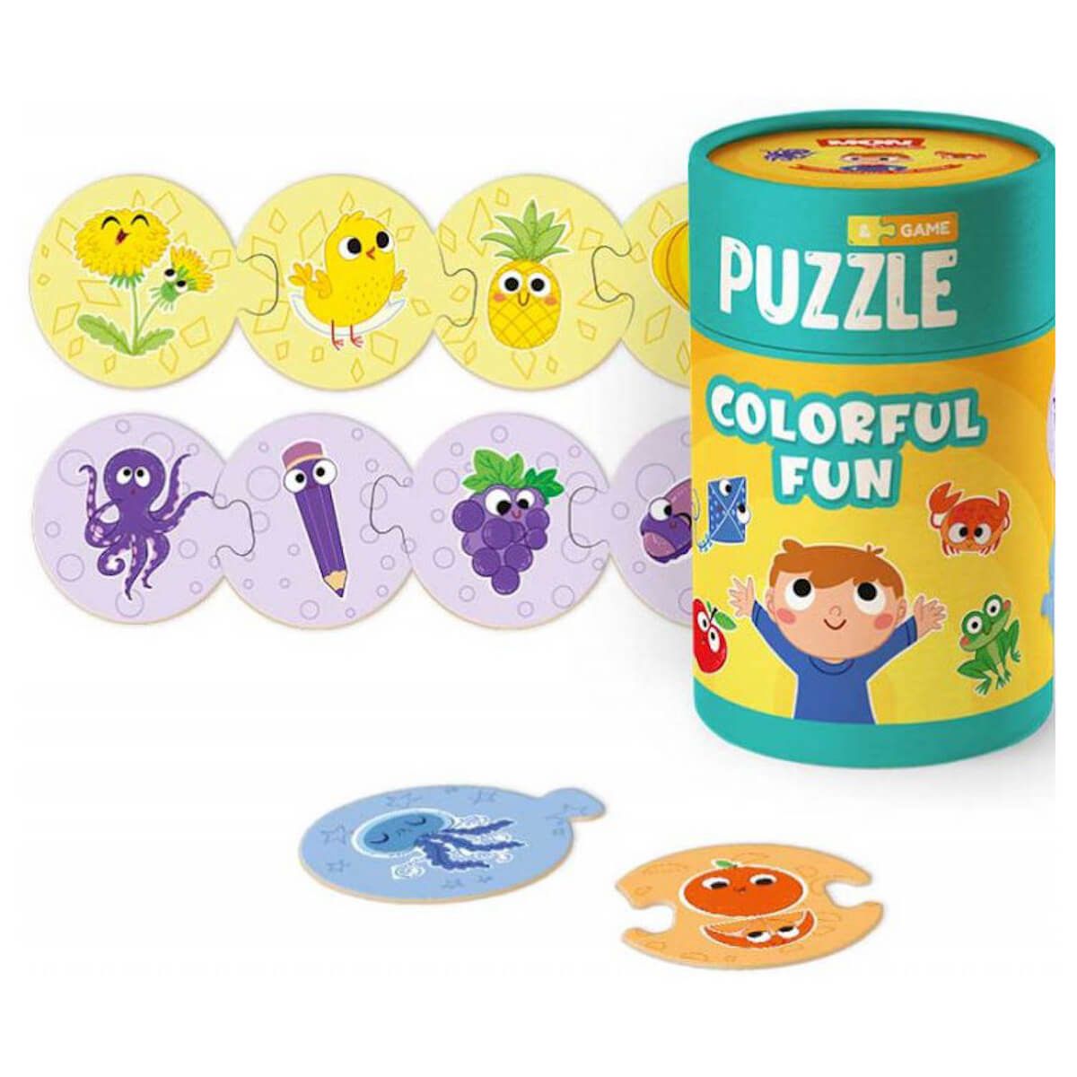 Embalagem do puzzle Classic World 2 em 1 "Cores Divertidas" ao lado de algumas peças montadas, demonstrando o tamanho e as cores.