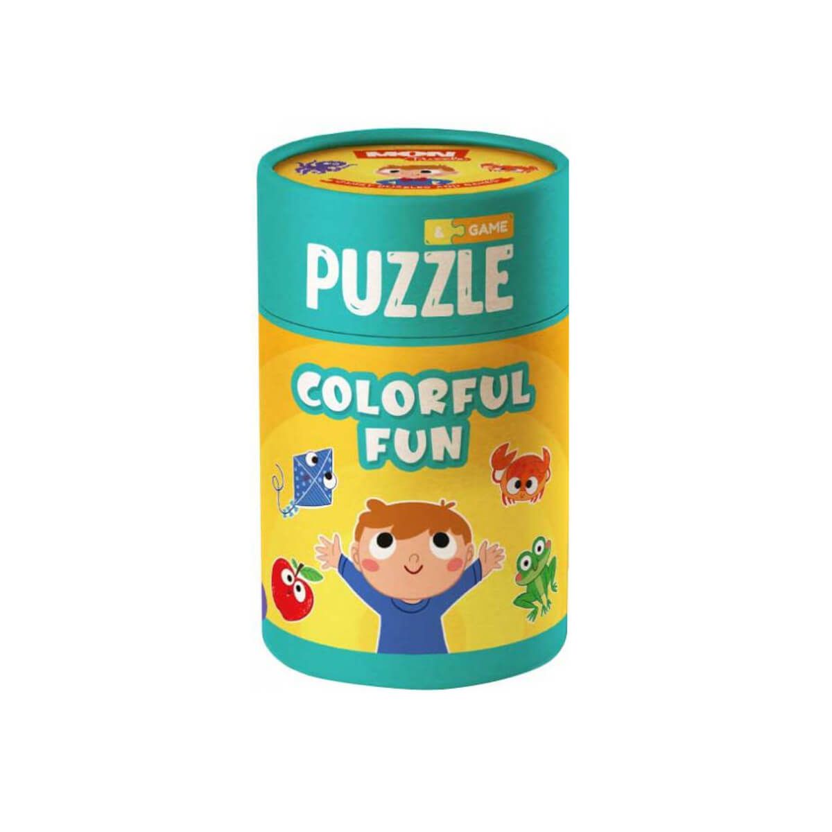 Embalagem do puzzle Classic World 2 em 1 "Cores Divertidas" em forma de tubo, mostrando ilustrações coloridas e o nome do produto.