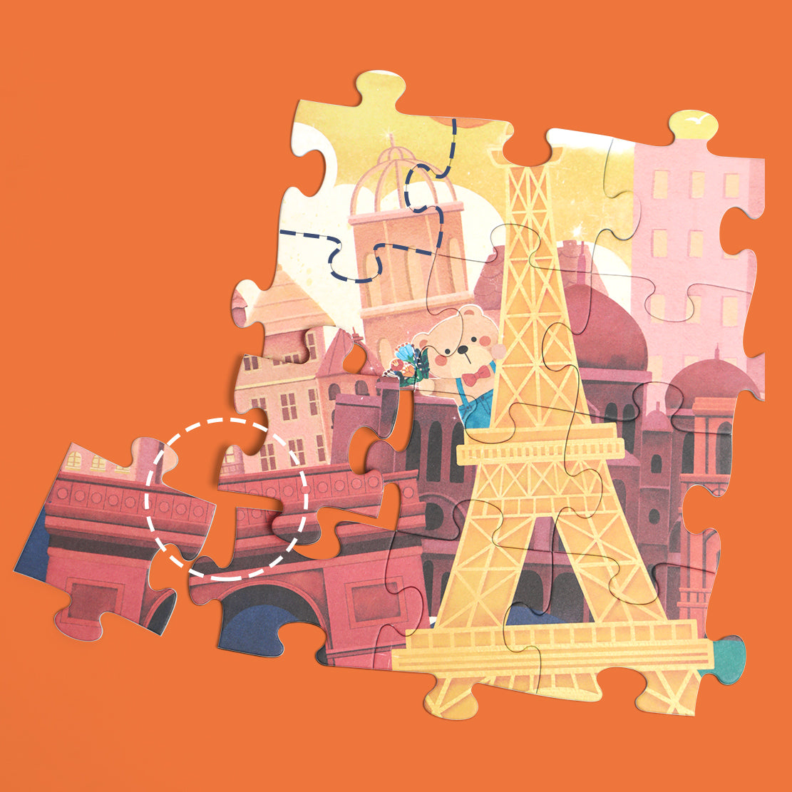 Criança a manusear uma peça do puzzle "Coco na França", ilustrando o desenvolvimento da coordenação olho-mão.