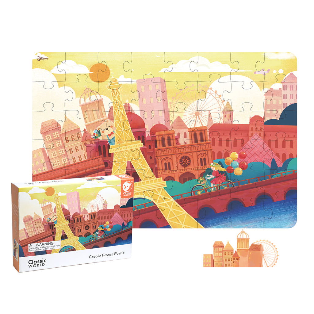 Detalhe do puzzle "Coco na França" com o urso Coco a visitar o Louvre, destacando as cores vibrantes e as 48 peças.