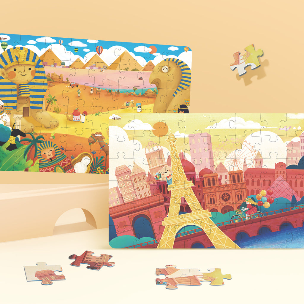 Imagem principal do Puzzle 48 peças "Coco na França" da Classic World, mostrando o urso Coco junto à Torre Eiffel, com cores vibrantes.