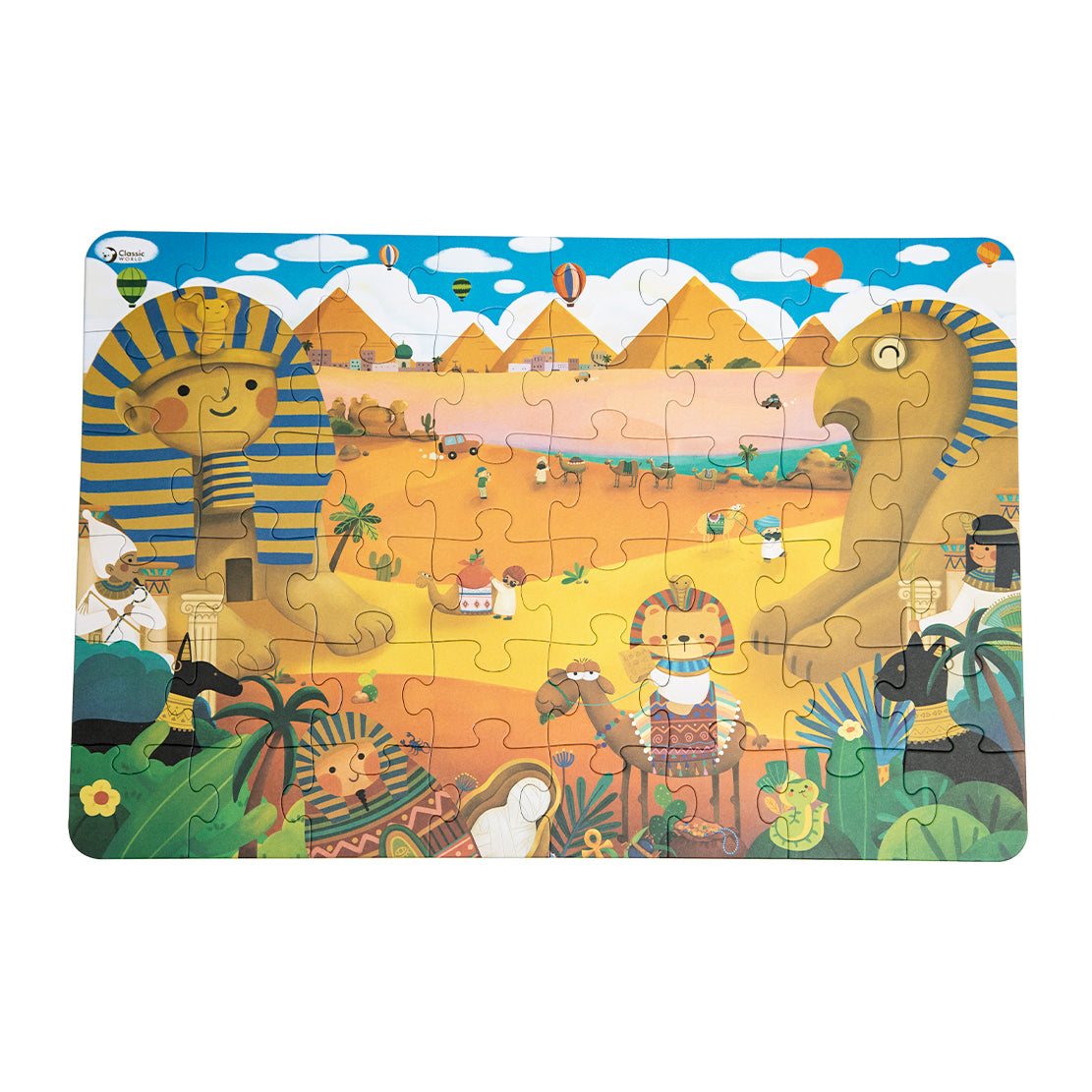 Puzzle Classic World de 48 peças com o tema "Coco no Egipto", exibindo pirâmides, esfinges e personagens infantis.