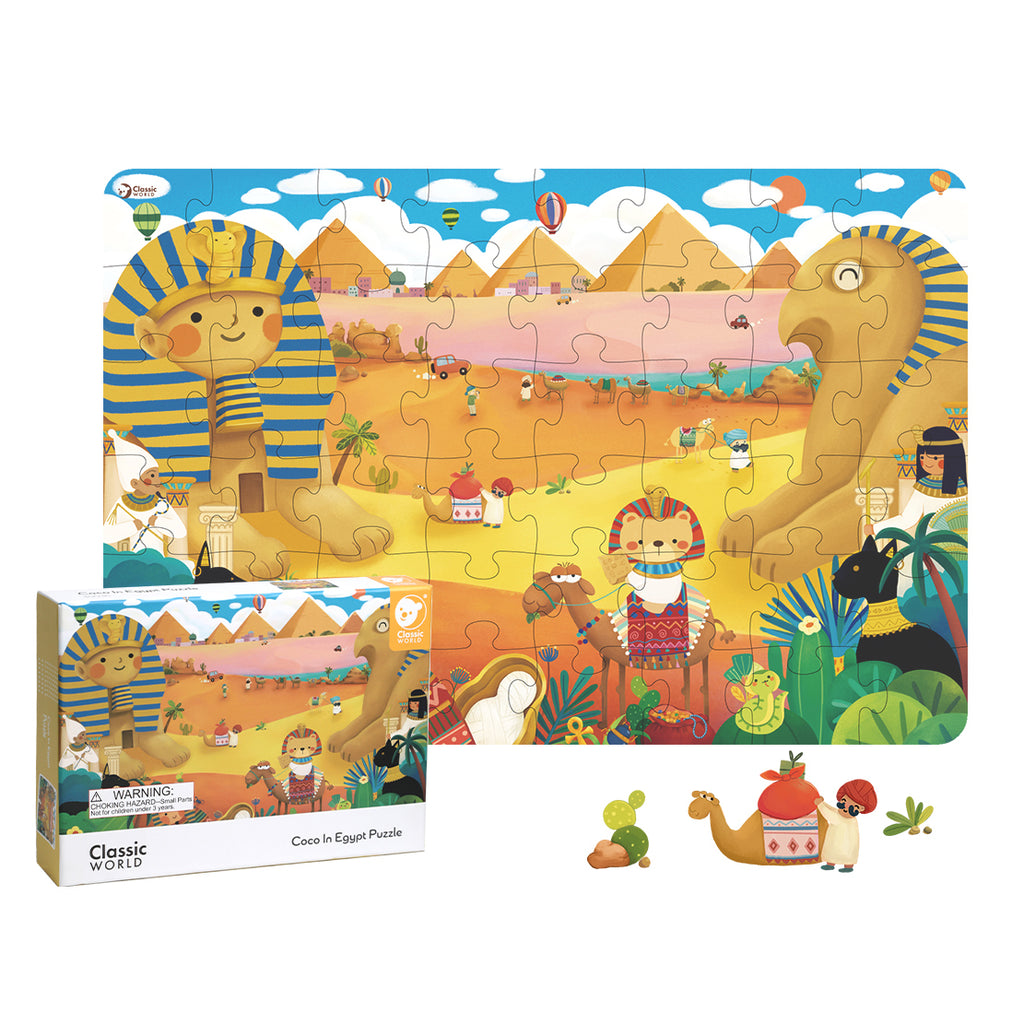 Embalagem e puzzle montado do Classic World "Coco no Egipto", mostrando o design vibrante e educativo.