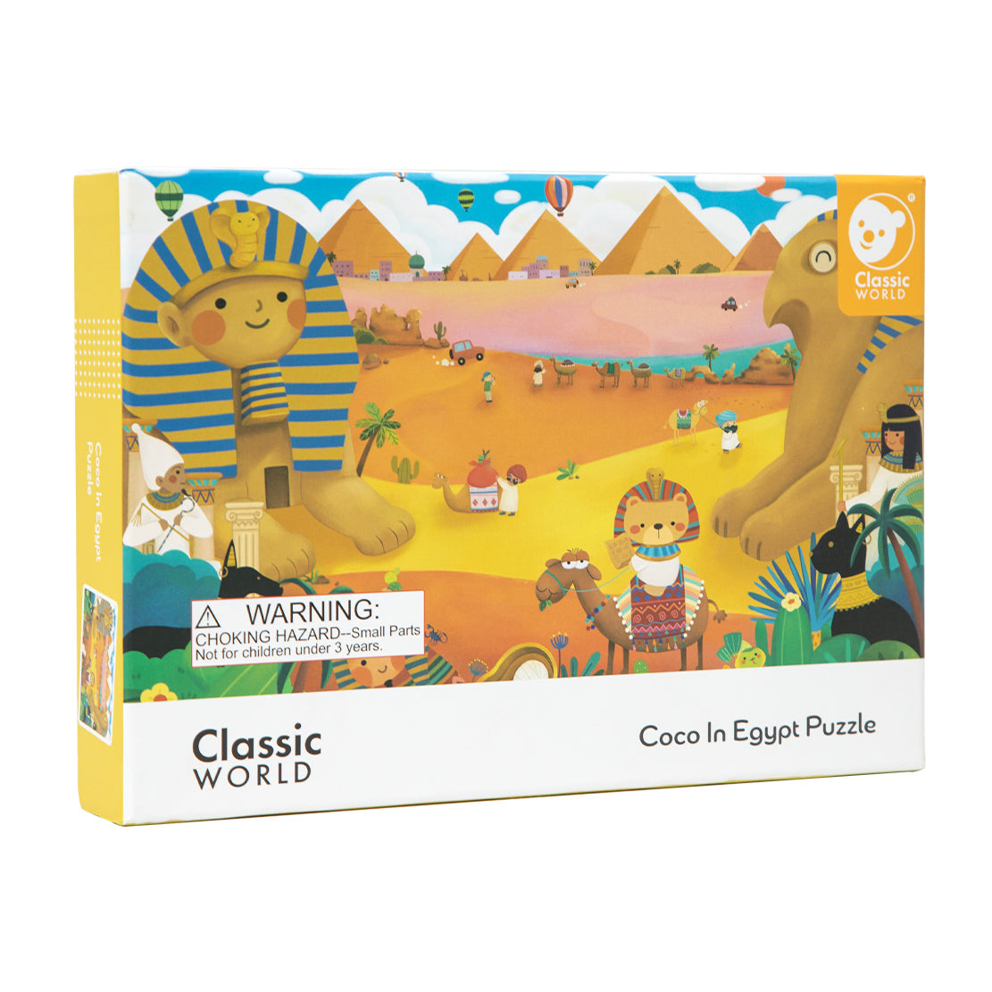 Embalagem do puzzle Classic World "Coco no Egipto", com destaque para a marca e o tema do puzzle.