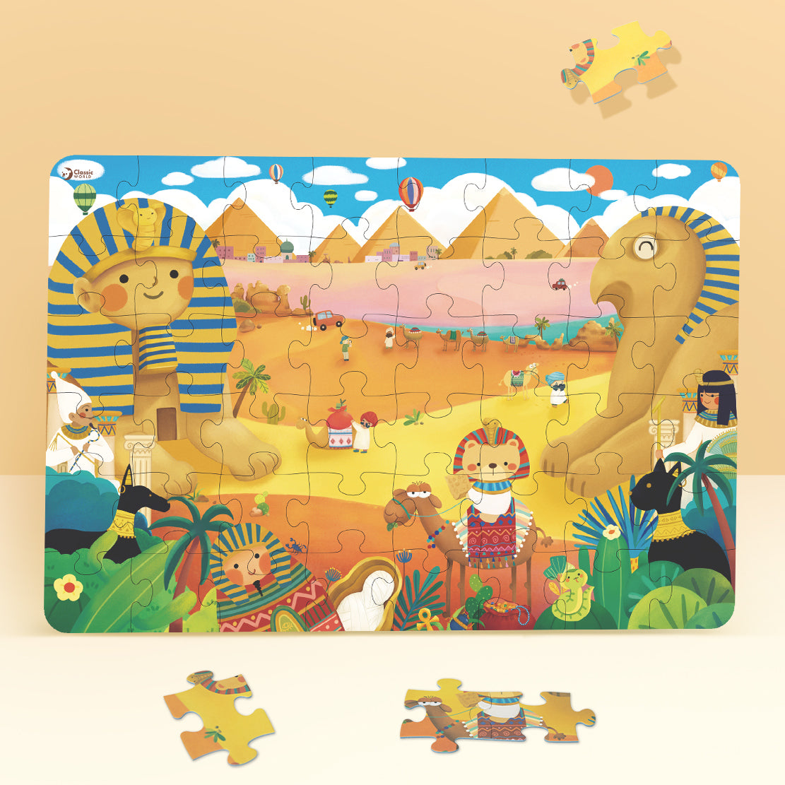 Puzzle montado do "Coco no Egipto" da Classic World com algumas peças soltas, ilustrando a diversão do jogo.