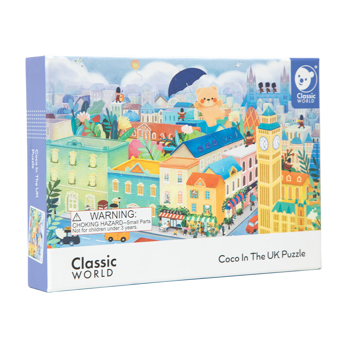 Caixa do puzzle Classic World "Coco no Reino Unido" com a ilustração completa e informações sobre o produto.