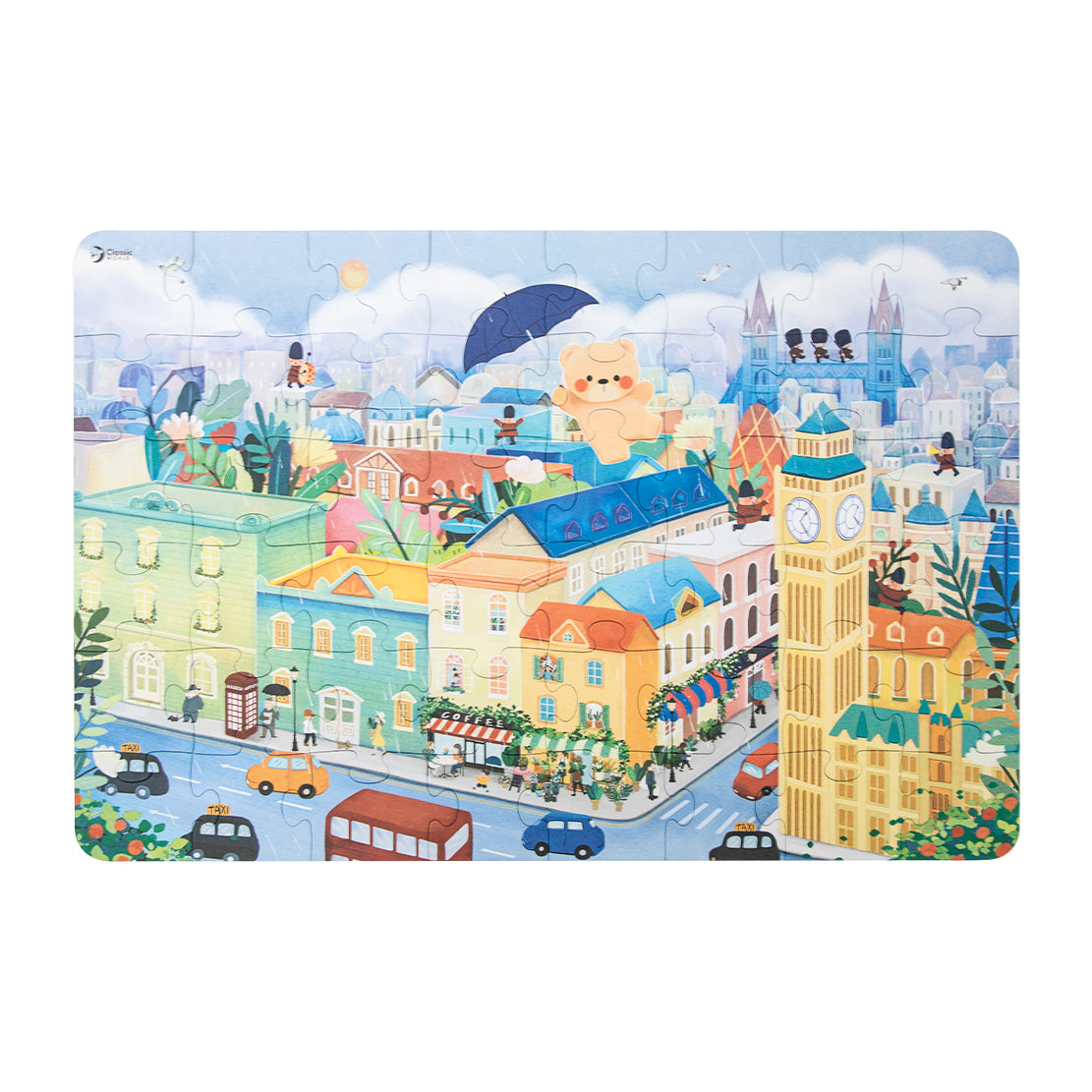 Puzzle Classic World de 48 peças com ilustração colorida de Londres, incluindo o Big Ben, autocarros vermelhos e o urso Coco com um guarda-chuva.