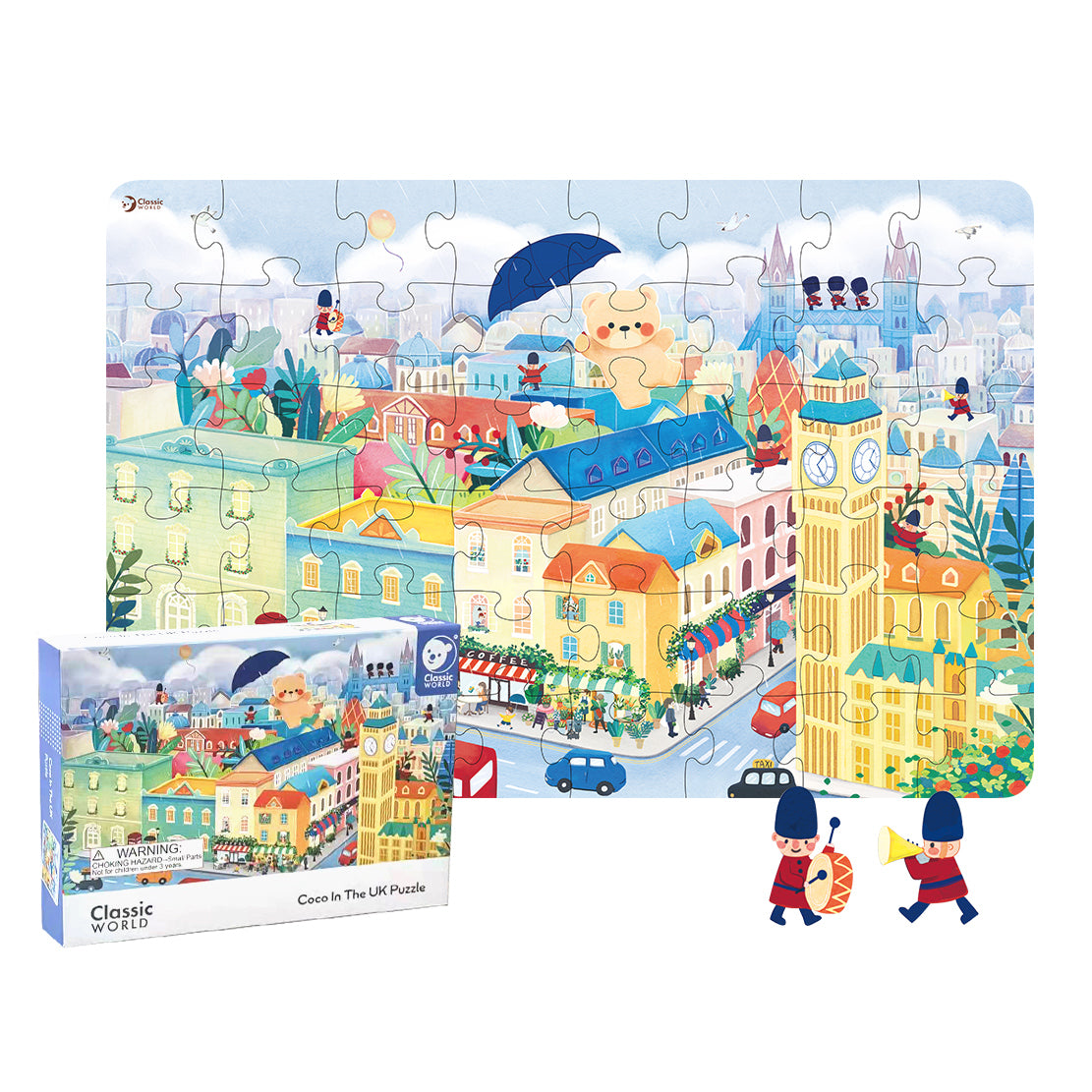 Embalagem do puzzle Classic World "Coco no Reino Unido" ao lado do puzzle montado e duas figuras de guardas reais.