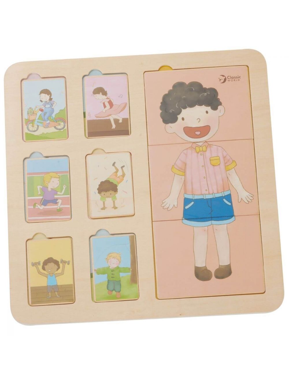 Puzzle de madeira Classic World com ilustrações de um corpo humano e crianças praticando atividades físicas, ideal para aprender sobre anatomia.
