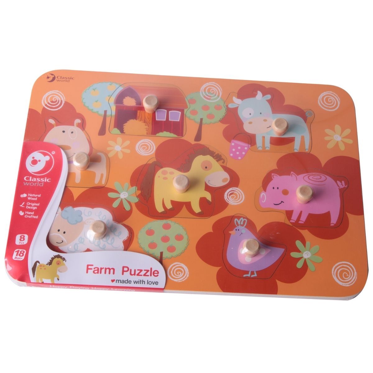 Embalagem do puzzle de madeira Classic World com 8 peças de animais da quinta. Brinquedo educativo para bebés.